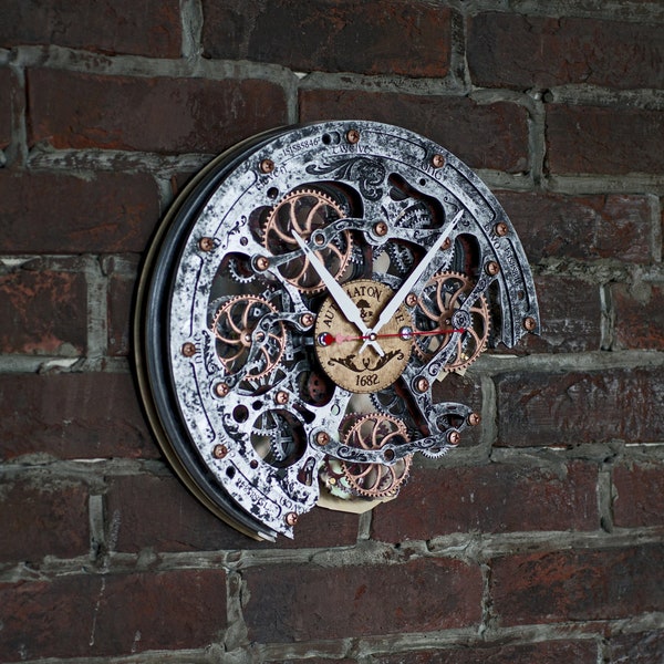 Enigmatic Timekeeper: Automaton 1682 "Metal Jacket" Wall Clock with Silent Rotating Moving Gears, Unique Steampunk Inspired Wall Clock