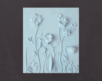 3D flower wall art, light blue wall decor panel gypsum pastel bas-relief wall decor flower panno plaster flowers gift 3d panel ready to hang