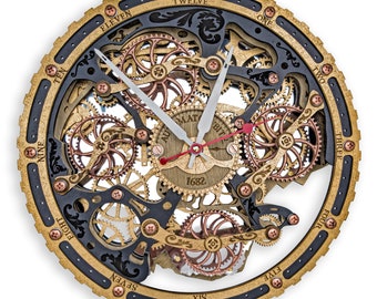 Bite 1682 Orologio da parete in oro nero - Arte della parete cinetica con ingranaggi in movimento - Steampunk, design vintage, arredamento industriale per la casa