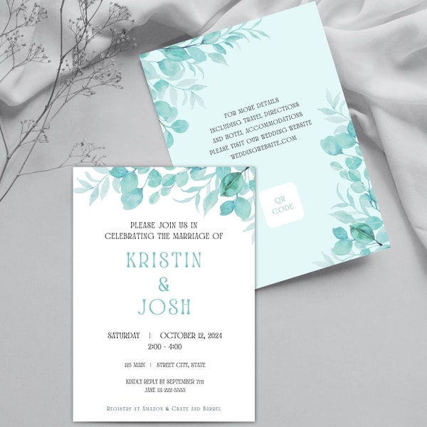 Wedding Invitation Mint Spring Green Serene Tranquility Editable Digital INSTANT DOWNLOAD Template Greenery Canva PearlyBeeStudio