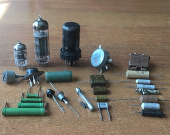 60s. Vintage Radio Parts, Transistors, Diodes, Resistors Variable Capacitors, Fuse, Vacuum tube USSR Set of 27 pcs.
