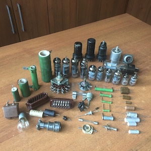 51 pcs. Radio Parts 1960s. Vintage Transistors, Diodes, Resistors Variable Capacitors, Fuse, Vacuum tube USSR