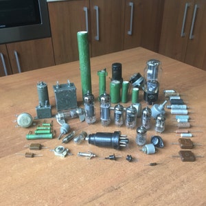 52 pcs. Radio Parts 1960s. Vintage Transistors, Diodes, Resistors Variable Capacitors, Fuse, Vacuum tube USSR