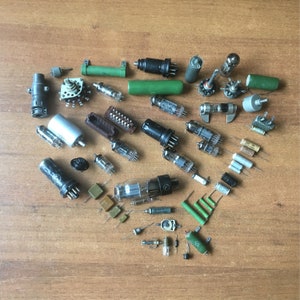 60s. Vintage Radio Parts, Transistors, Diodes, Resistors Variable Capacitors, Fuse, Vacuum tube USSR Set of 55 pcs.