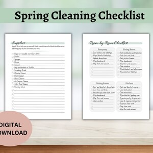 May include: A printable spring cleaning checklist with a list of supplies and a room-by-room checklist. The checklist includes rooms like the entryway, living room, dining room, and kitchen.