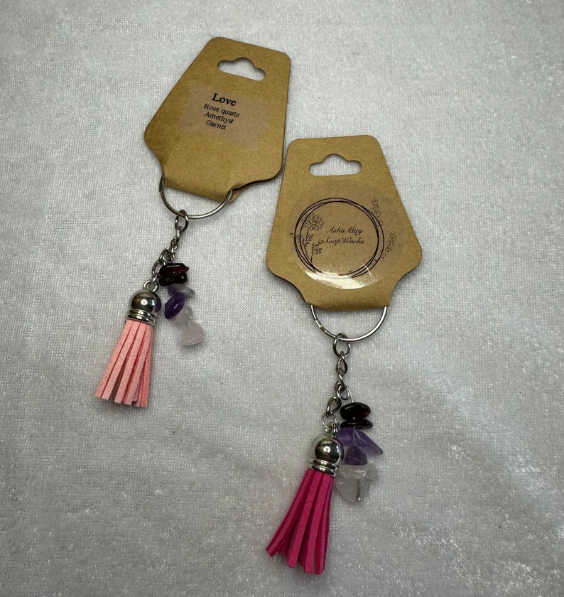 Love- rose quartz, amethyst, garnet and a pink tassel