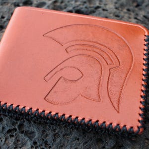 Handmade Orange Leather Bifold Wallet Embossed with Trojan Logo