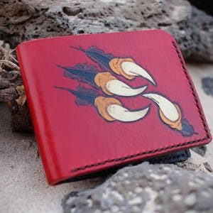 Red Handcrafted Leather Bifold Wallet with Hand-Carved and Hand-Painted Eagle Claw – Unique and Exclusive Design