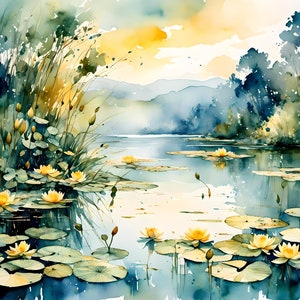 Lily Pads, Landscape art, serene wall art, Watercolor art, nature,  Digital Download, Print