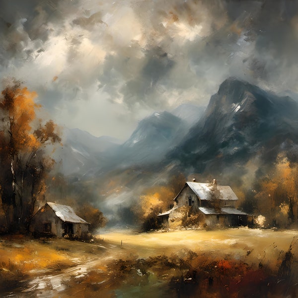 Cabin in the Mountains, Oil Painting, Wall Art, Gift, Digital, Download, Print