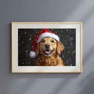 Olieverfschilderij Golden retriever met kerstmuts - feestelijk sneeuwlandschap, digitale download, kunst aan de muur, kaartkunst, illustraties