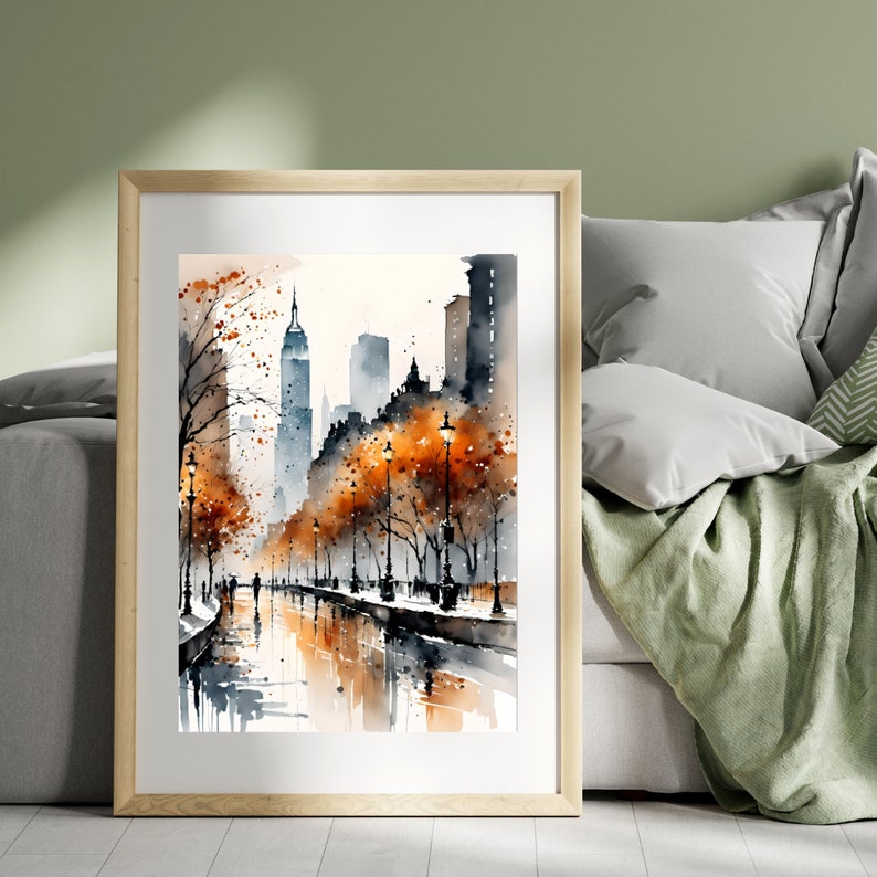 May include: A watercolor painting of a city street scene with tall buildings, trees, and streetlights. The trees are painted in shades of orange and brown, and the street is wet from rain. Two people are walking in the distance.