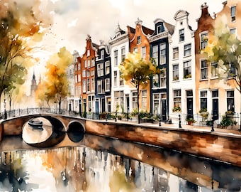 Cityscape of Amsterdam Streets and canals Wall Art - Fall Autumn - Watercolor Wall Art,  Digital Watercolor Print Download