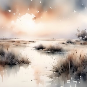 Salt Marsh Watercolor, Watercolor Print art, Landscape Print Art, Digital Download Art