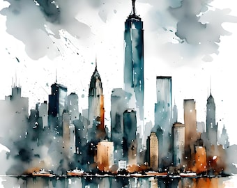 Abstract Watercolor Iconic NYC Skyline, Wall Art, Home Decor, Downloadable Print