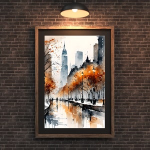 May include: A watercolor painting of a city street scene with tall buildings, trees, and streetlights. The buildings are painted in shades of gray and the trees are painted in shades of orange and brown. The streetlights are painted in shades of yellow and orange. The painting is framed in a brown wooden frame.