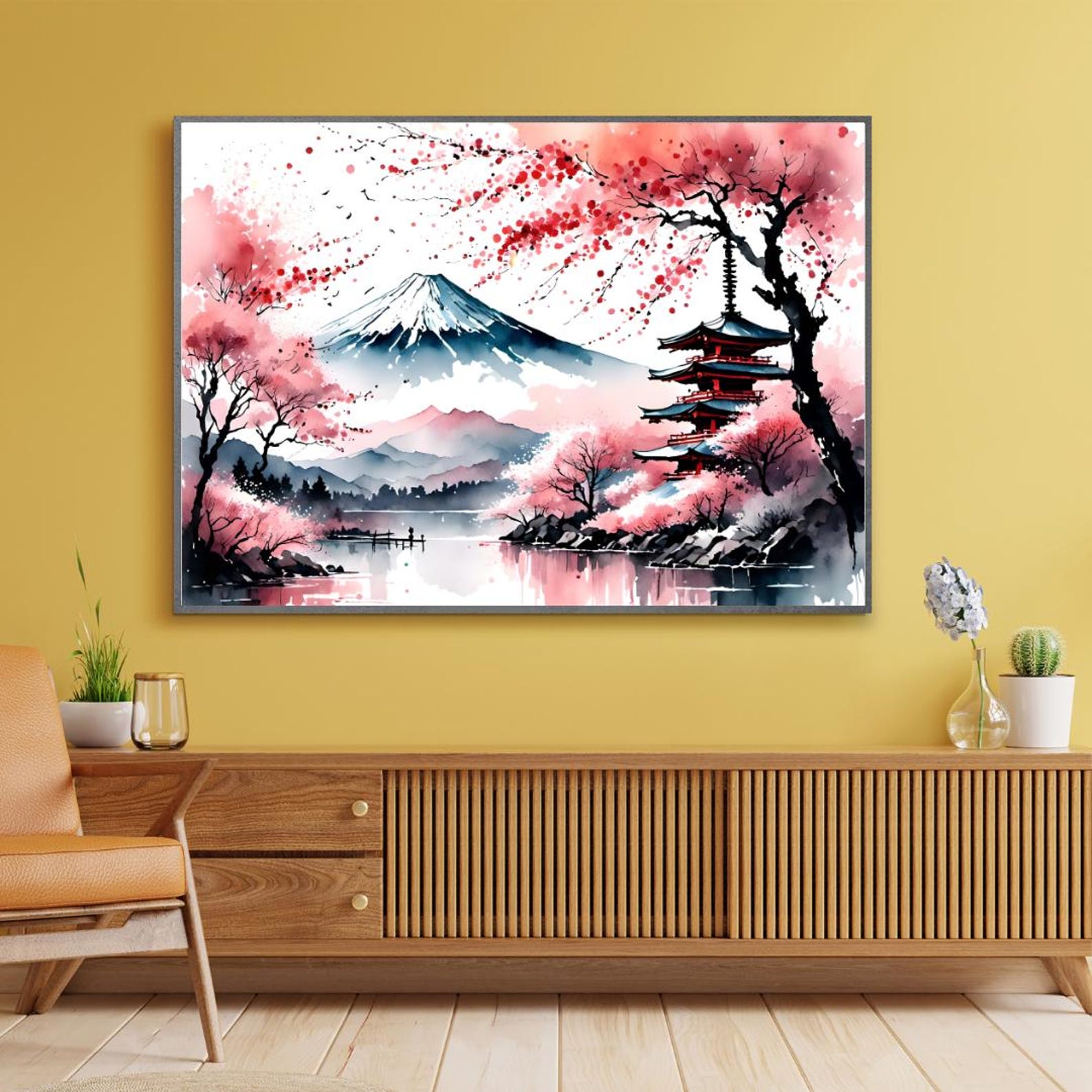 Japanese Japandi Wall Decor Mt Fuji Cherry Blossom Soft Colors Wall — free download