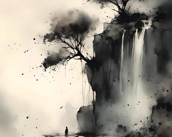 以下が含まれることがあります： 滝のある山岳風景を描いた白黒水彩画。暗く質感のある葉を持つ2本の木が崖に生えています。小さな人物が端に立って滝を眺めています。