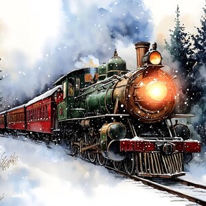 Pintura de acuarela navideña: tren navideño en medio de la nevada en las montañas, descarga digital, arte de pared, arte de tarjetas, clip art