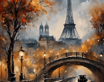 Painting of Parisian Streetlights and Eiffel Tower, Autumn Fall Color, Home Decor, Livingroom Wall art