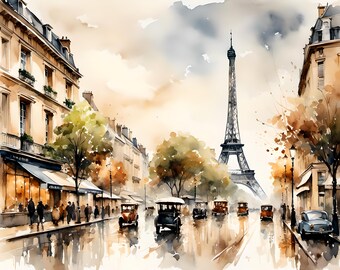 May include: A watercolor painting of a Parisian street scene with the Eiffel Tower in the background. The street is lined with buildings and trees, and there are cars driving down the street. The sky is a light blue with some clouds.