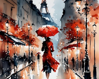 Minimalist Watercolor Lady in Paris with Red Umbrella - Abstract wall Art Fall Autumn