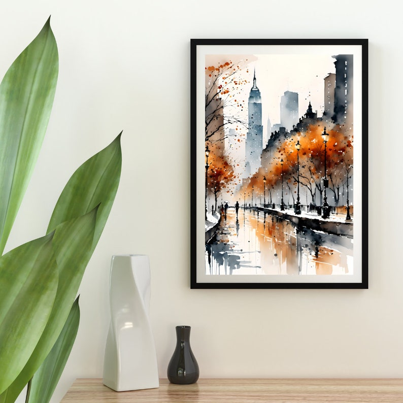 May include: Watercolor painting of a city street scene with tall buildings, trees with orange leaves, and people walking on a sidewalk. The street is wet and reflecting the buildings and trees.