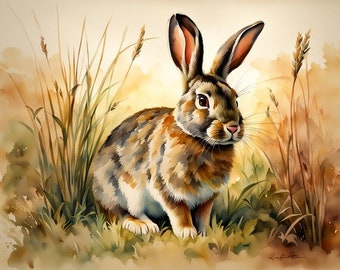 May include: A watercolor painting of a brown and white rabbit sitting in tall grass. The rabbit has long ears and is looking to the right. The background is a soft brown and yellow.