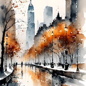 Follaje otoñal en Central Park, Nueva York, arte digital, pluma naranja, tinta y acuarela, impresión artística con descarga digital, pintura abstracta