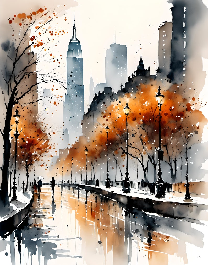 May include: A watercolor painting of a city street scene with tall buildings, trees, and streetlights. The street is wet from rain and reflects the buildings and trees. People are walking on the sidewalk.