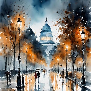 Aquarelle, Washington DC et capitale, automne et automne, décoration d'intérieur, couleurs d'automne, téléchargement impression