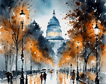 Watercolor Art,  Washington DC and Capital, Fall and Autumn,  Home Decor Art, Fall Autumn Colors, Download Print
