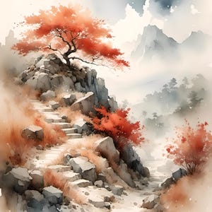 Puede incluir: Una pintura de acuarela de un paisaje montañoso con un árbol rojo creciendo en un acantilado rocoso. Un camino de piedra conduce hacia arriba por el acantilado, con más árboles rojos en el fondo. La escena está pintada en un estilo suave y de ensueño.