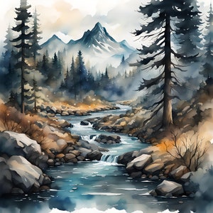 May include: A watercolour painting depicting a mountainous landscape with a river winding through it. The river is surrounded by rocks and trees, and the mountains are in the background. The sky is a light blue colour, with clouds visible.