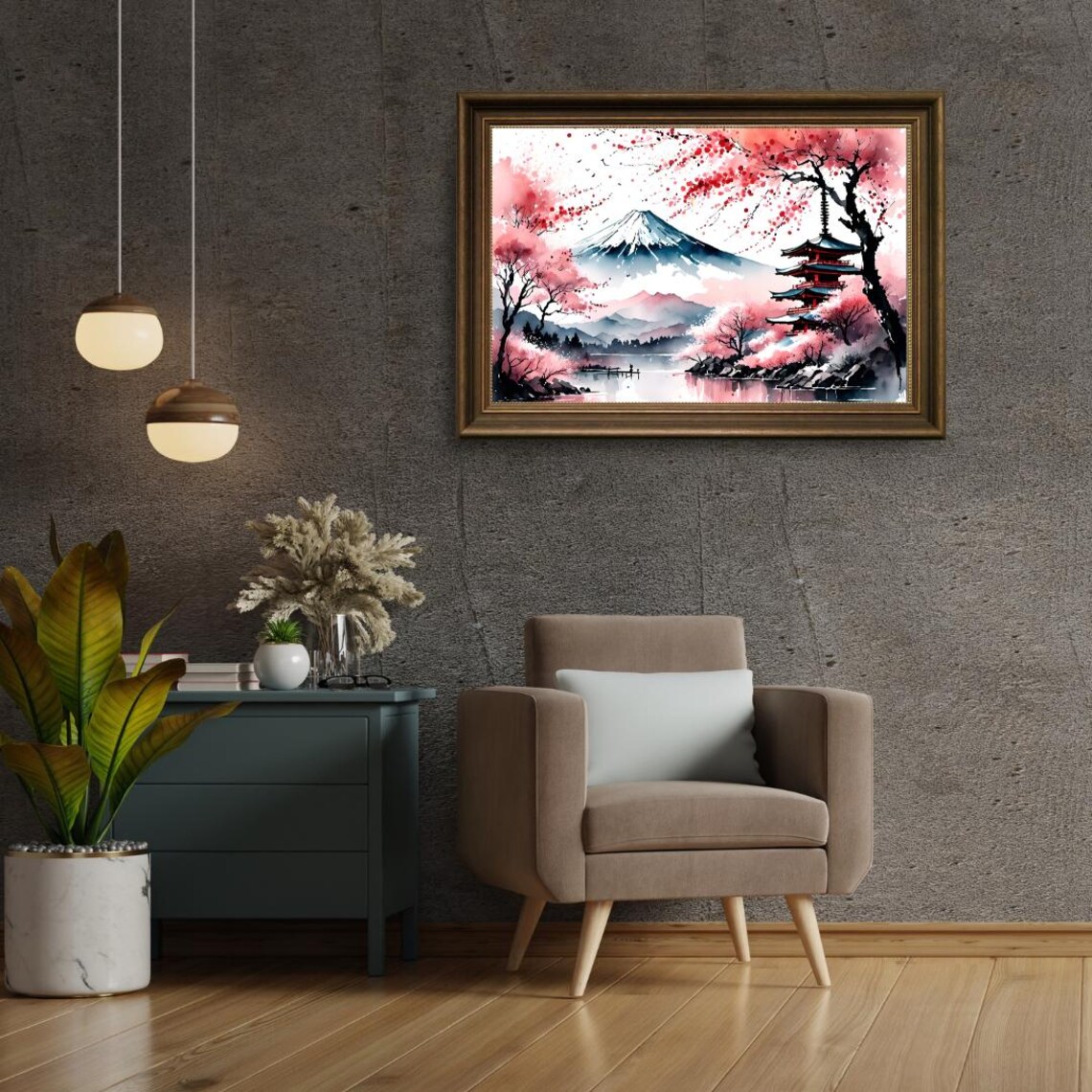 Japanese Japandi Wall Decor - Mt Fuji Cherry Blossom - Soft Colors Wall ...