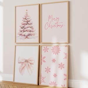 Pink Christmas Trendy Winter Poster, Coquette Prints, Pink Bow, Christmas Decor, Set of 4 Posters, Pastel Christmas, Holiday Prints