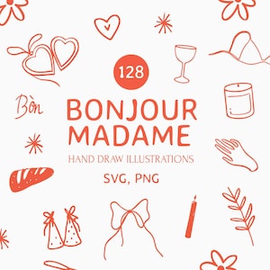 Handgezeichnete Doodle-Illustration, handgezeichnete Ikonen, handgezeichnete Rahmen, Paris Café Clipart, wunderliche SVG, handgezeichnete Ikonen, wellige Rahmen