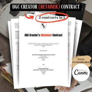 May include: A customizable contract template for UGC creators and clients. The template is designed to be used for retainer agreements. The text on the template reads "UGG Creator (Retainer) Contract" and "2 contracts in 1".