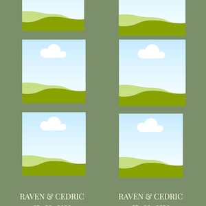 May include: A digital wedding invitation design featuring six landscape illustrations of a blue sky, white cloud, and green hills. The text reads "Raven & Cedric" and "03-28-2026" with floral accents on a green background.