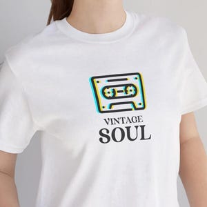 Camiseta vintage soul, camiseta retrô cassete, camiseta vintage para amantes de música, camiseta nostálgica de música, camiseta old school tape, camiseta com fita cassete para presente