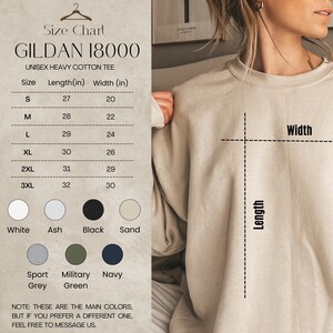 May include: A size chart for a Gildan 18000 unisex heavy cotton tee. The chart lists sizes S to 3XL, with corresponding length and width measurements in inches. Available colors include white, ash, black, sand, sport grey, military green, and navy.
