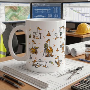 May include: A white ceramic mug featuring a repeating pattern of cartoon ducks dressed as construction workers. The ducks are depicted wearing orange safety vests and hard hats, performing various tasks like surveying, using tools, and moving materials.