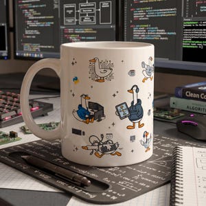 May include: A white ceramic mug featuring a repeating pattern of cartoon ducks engaged in various programming and computer-related activities, including ducks wearing hoodies, using computers, holding tablets, and tangled in computer cables.