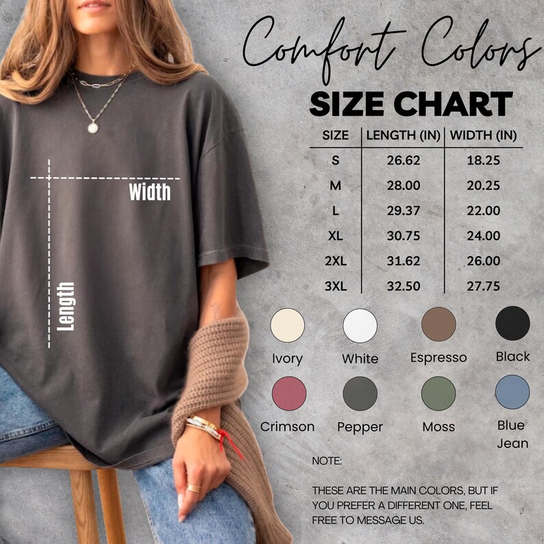 Puede incluir: Tabla de tallas para ropa Comfort Colors, con medidas en pulgadas para tallas S a 3XL. La tabla incluye dimensiones de largo y ancho. Las opciones de color incluyen Marfil, Blanco, Espresso, Negro, Carmes&iacute;, Pimienta, Musgo y Azul Jean.