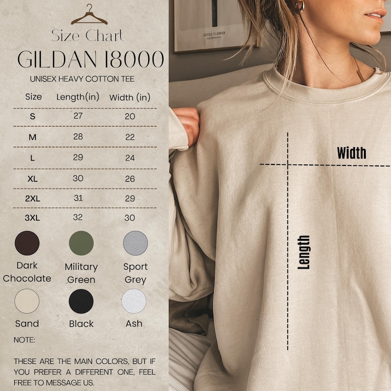 Puede incluir: Tabla de tallas para una camiseta unisex de algod&oacute;n pesado Gildan 18000. La tabla muestra las medidas en pulgadas para las tallas S a 3XL. Los colores disponibles son Chocolate Oscuro, Verde Militar, Gris Deportivo, Arena, Negro y Ceniza.
