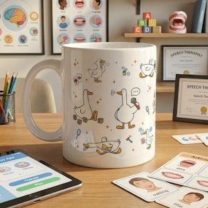 May include: A white ceramic mug featuring a repeating pattern of cartoon ducks engaged in various activities, including holding a microphone, playing with blocks, and blowing bubbles, accented with small orange stars and speech bubbles.
