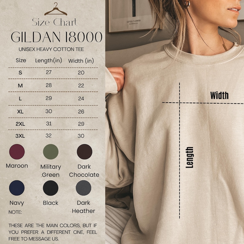 May include: A size chart for a Gildan 18000 unisex heavy cotton tee. The chart lists sizes S to 3XL, with length and width measurements in inches. Colors include maroon, military green, dark chocolate, navy, black, and dark heather.