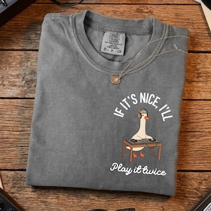 May include: Gray t-shirt with the phrase "If it's nice, I'll play it twice" and a cartoon goose DJ graphic. The shirt has a crew neck and short sleeves. A silver necklace is draped over the shirt.