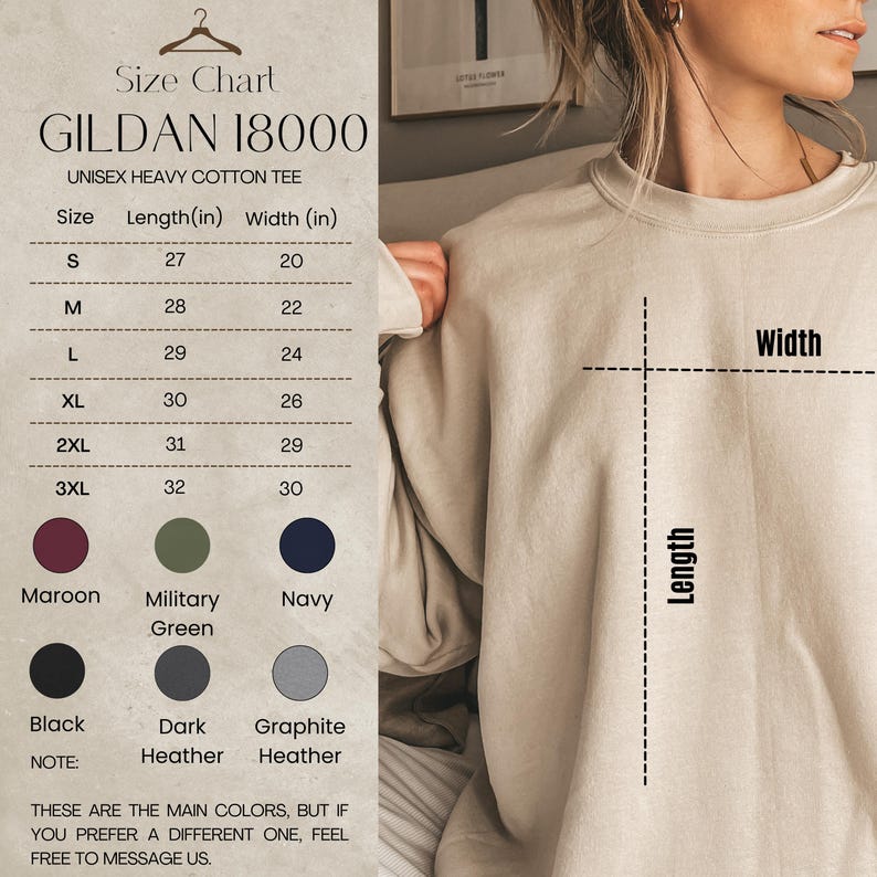 May include: A size chart for a Gildan 18000 unisex heavy cotton tee. The chart lists sizes S through 3XL, with corresponding length and width measurements in inches. Colors include maroon, military green, navy, black, dark heather, and graphite heather.