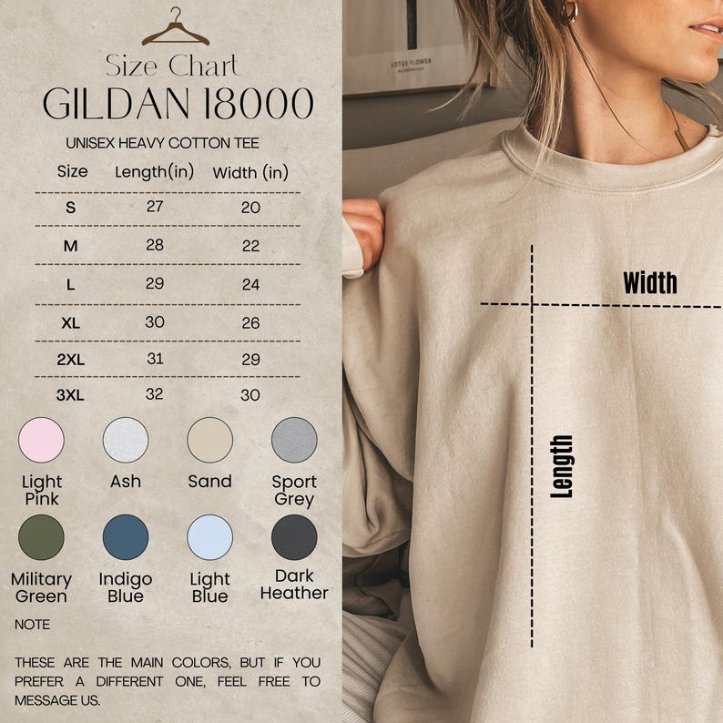 May include: A size chart for a Gildan 18000 unisex heavy cotton tee. The chart lists sizes S to 3XL, with corresponding length and width measurements in inches. Color options include Light Pink, Ash, Sand, Sport Grey, Military Green, Indigo Blue, Light Blue, and Dark Heather.